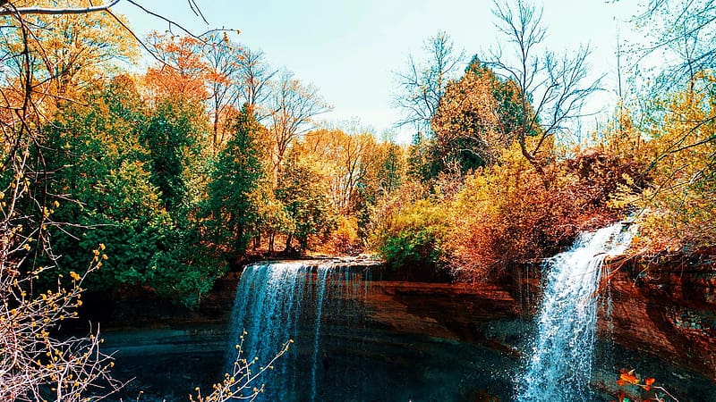 Kagawong, Ontario, river, leaves, colors, cascades, autumn, trees, canada, HD wallpaper