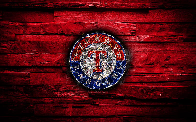 Texas Rangers scorched logo, MLB, red wooden background, american baseball team, grunge, baseball, Texas Rangers logo, fire texture, USA, HD wallpaper