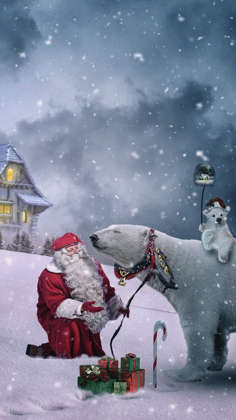Santas fantasy, bear, christmas, gifts, house, santa, snow, HD phone wallpaper