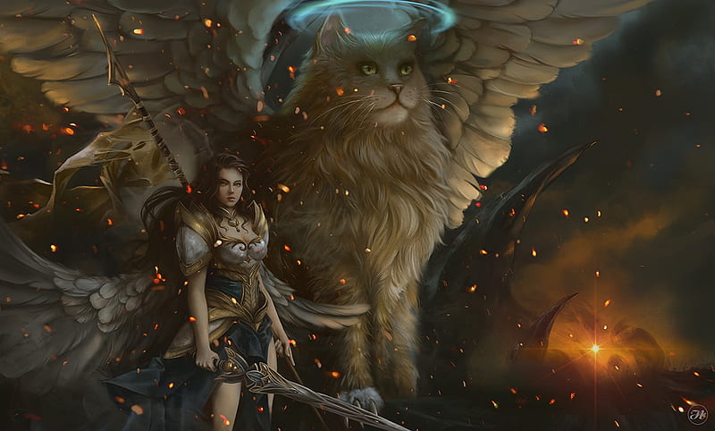 After the battle, girl, ilaria, cat, creature, aramisdream, wings, frumusete, luminos, fantasy, warrior, pisici, HD wallpaper