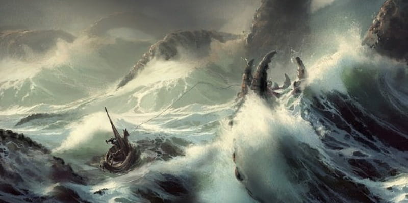 Midgard serpent, Norse, storm, mythology, sea, HD wallpaper
