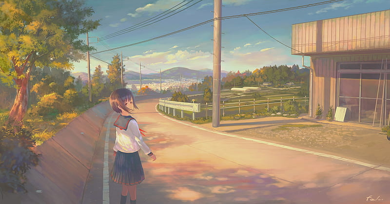 anime school girl, scenic, landscape, short hair, Anime, HD wallpaper
