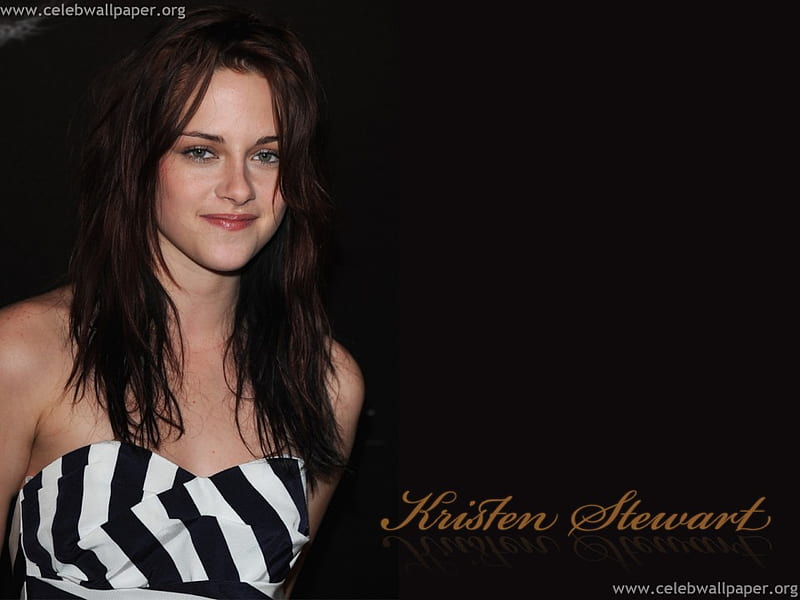 Kristen Stewart, eyes blue, female, actress, smile, black and white dress, black hair, HD wallpaper