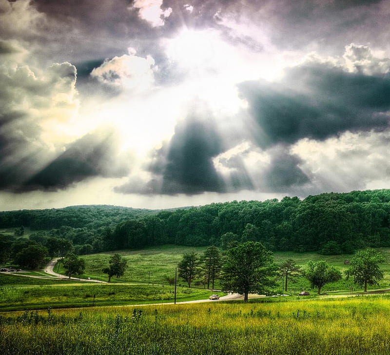 Valley Forge., cloud, sun, sunray, sky, valley, tree, car, path, nature, road, scenery, field, landscape, HD wallpaper