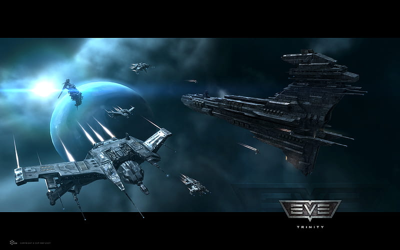 EVE Online Trinity Ship Battle Group, planet, space, trinity, eve online, spacecraft, spaceships, HD wallpaper