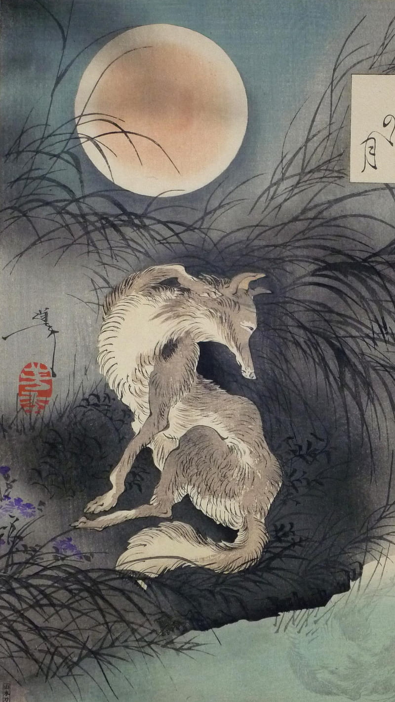 Japan art, animal, art, artwork, asia, drawing, japan, moon, night, oriental, wolf, HD phone wallpaper