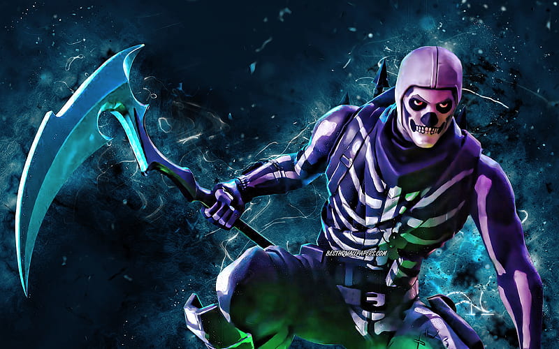 Skull Trooper with axe battle, 2020 games, Fortnite Battle Royale, Skull Trooper, Fortnite characters, Skull Trooper Skin, blue neon lights, Fortnite, Skull Trooper Fortnite, HD wallpaper