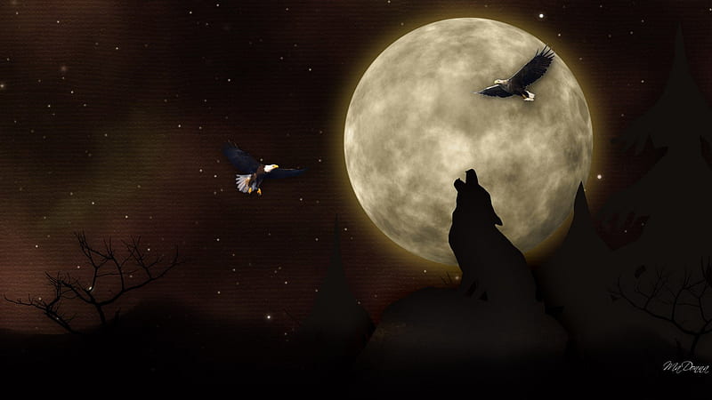 Shadow of the Moon, eagles, brown, trees, totem, full moon, dark, Native American, wolves, howling, HD wallpaper