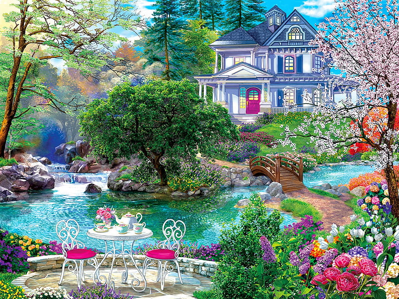 Waterside tea, art, house, bonito, spring, tea, pond, countryside, paradise, garden, peaceful, village, blossoms, tea time, flowers, waterside, HD wallpaper