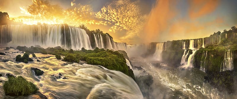 Sunset, Waterfalls, Waterfall, , Glow, Brazil, Iguazu Falls, HD wallpaper