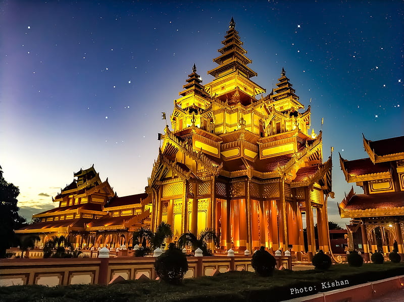 Bagan, fanta, fantasy, tower, land, city, night, golden, sky, myanmar, milkyway, HD wallpaper
