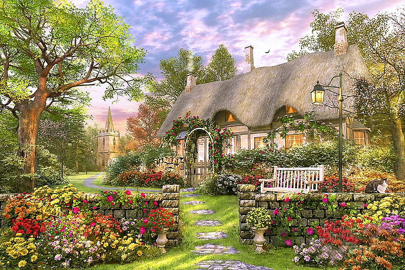 Beautiful cottage, colorful, house, lovely, cottage, colors, bonito, flower, peaceful, color, garden, HD wallpaper