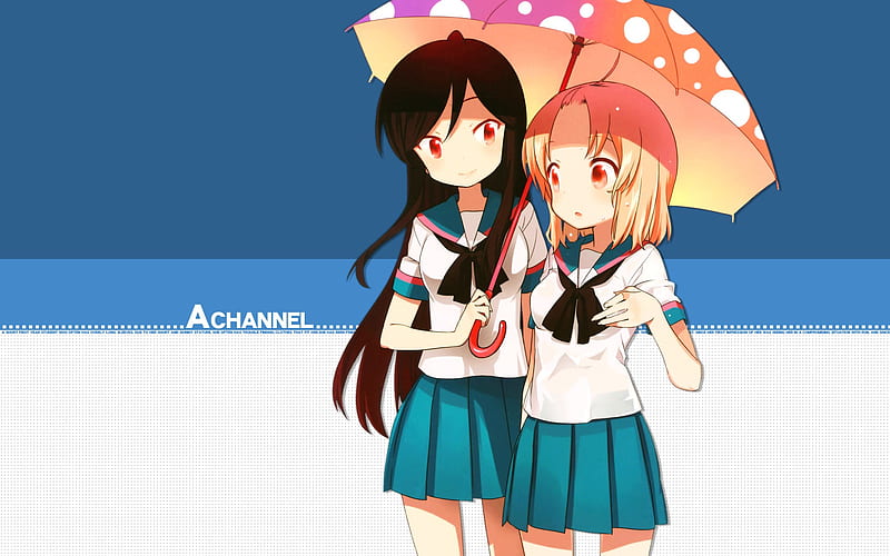 Yuko & Run, school uniforms, a channel, umbrella, yuko, run, friends, HD wallpaper