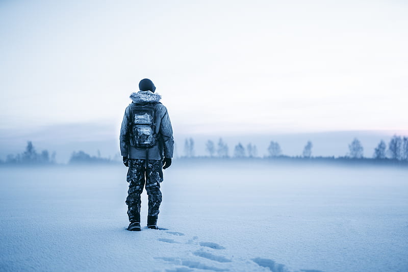 man, snow, tourist, backpack, winter, HD wallpaper