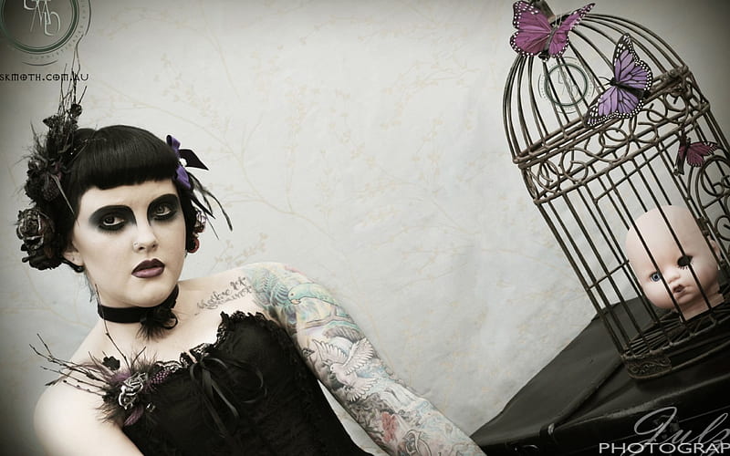 Missy Michaels [Cage], goth, alternative, twig fascinator, dusk moth, fashion, HD wallpaper