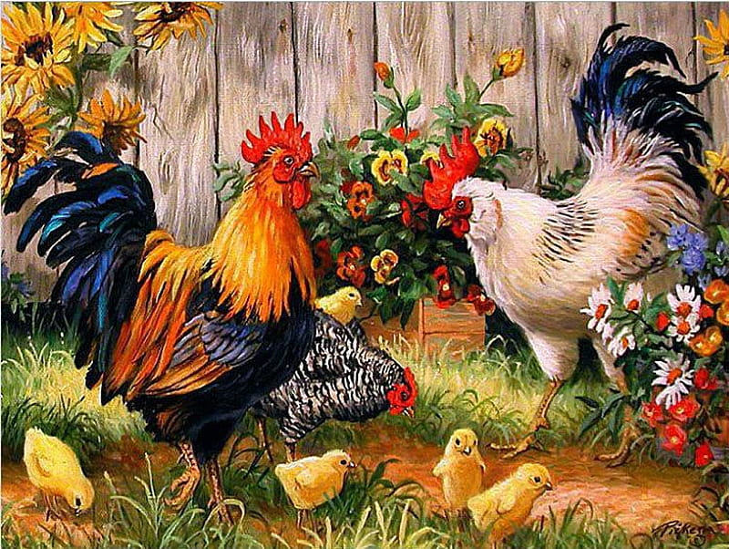 Joyful Spring, flowers, hen, rooster, chicken, painting, HD wallpaper