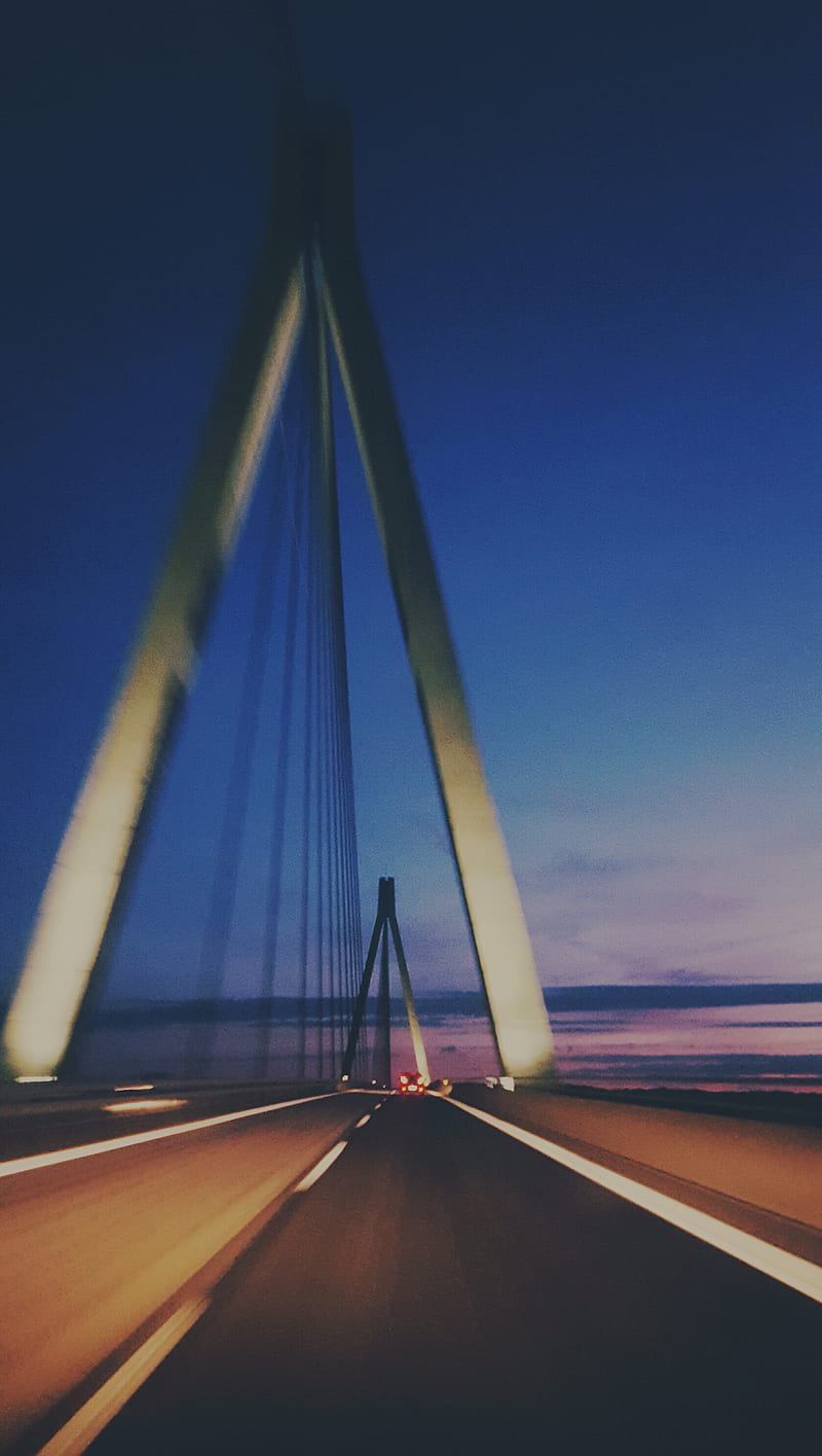 Bridge on highway, night, road, sky, speed, sunset, trip, HD phone wallpaper