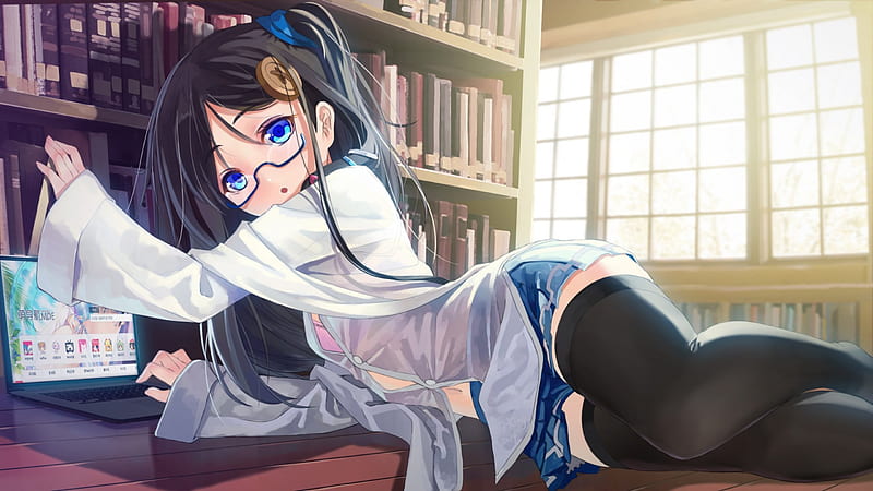 Laying Around, monitor, pretty, glow, book, bonito, sweet, nice, lazy, anime, hot, beauty, anime girl, long hair, blue eyes, light, black hair, female, lovely, window, shelf, laptop, sexy, cute, girl, lay, computer, lady, pc, maiden, laying, HD wallpaper
