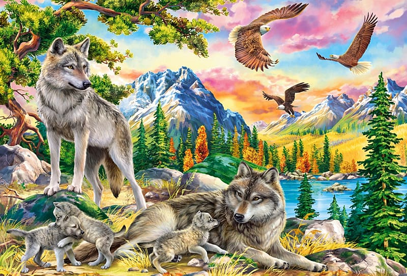 Wolf Family and Eagles, lake, artwork, birds, painting, wolves, trees, mountains, HD wallpaper