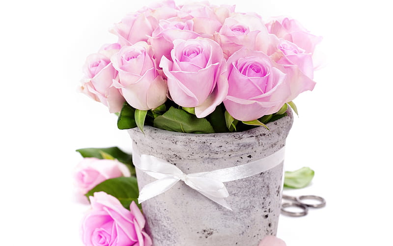 pink roses bouquet, small roses, pink flowers, vase, HD wallpaper