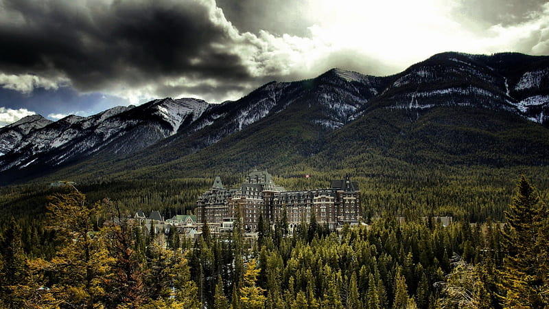 magnificent banff spring hotel in alberta canada, hotel, forest, clouds, mountains, HD wallpaper