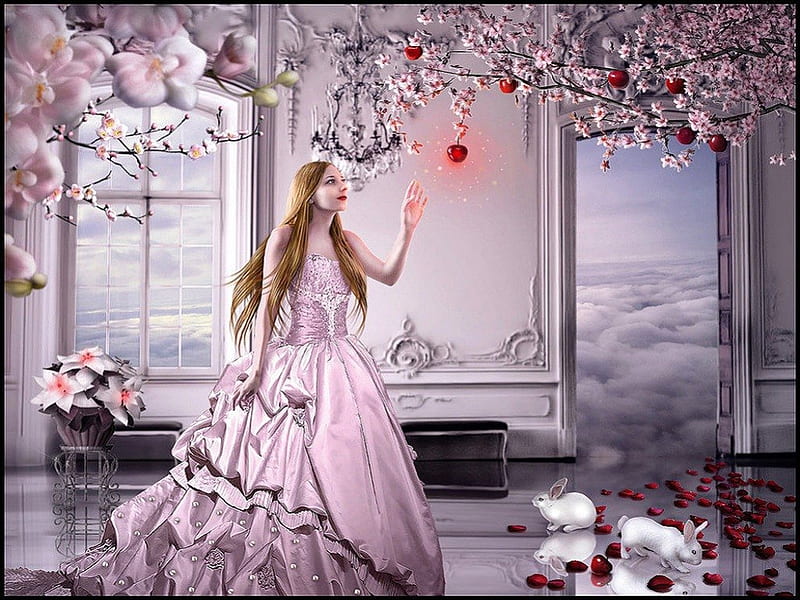 Fairytale, gown, apples, flowers, clouds, bunnies, sky, women, cherry blossom tree, HD wallpaper