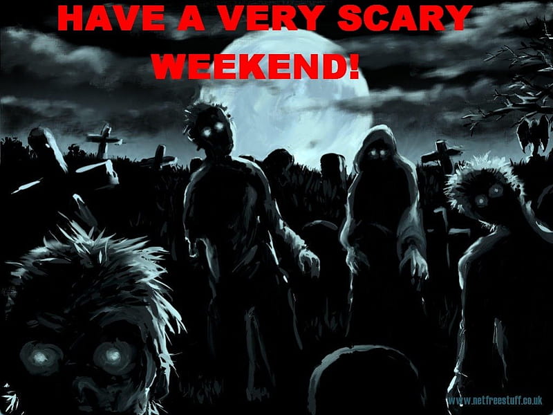 Have a Very Scary Weekend, zombies, glowing eyes, moon, full moon, greeting, weekend, HD wallpaper