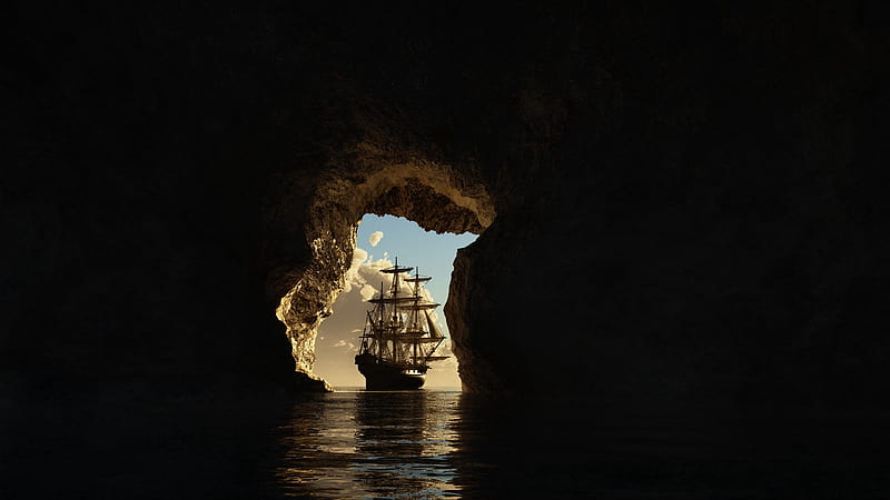 The ship, water, sea, cave, fantasy, ship, black, HD wallpaper