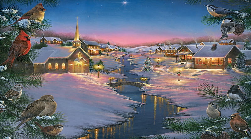 Silent Night, Christmas, Nuthatch, Cardinal, Sparrow, Village, Dove, Birds, Wren, Bridge, River, Church, Snow, Tree, Xmas, HD wallpaper