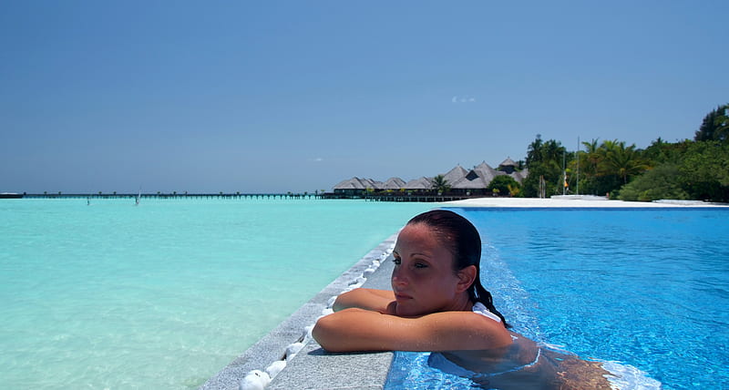 A Breathtaking View!, beautiful woman, pool, sea, villas, HD wallpaper