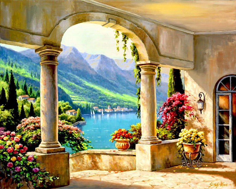 Balcony view, pretty, colorful, shore, bonito, sea, mountain, nice, painting, flowers, river, art, rest, lovely, view, balcony, trees, lake, water, arch, slope, nature, HD wallpaper