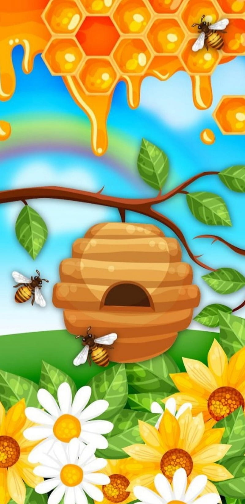 Bee Hive, animal, cute, floral, flower, rainbow, HD phone wallpaper