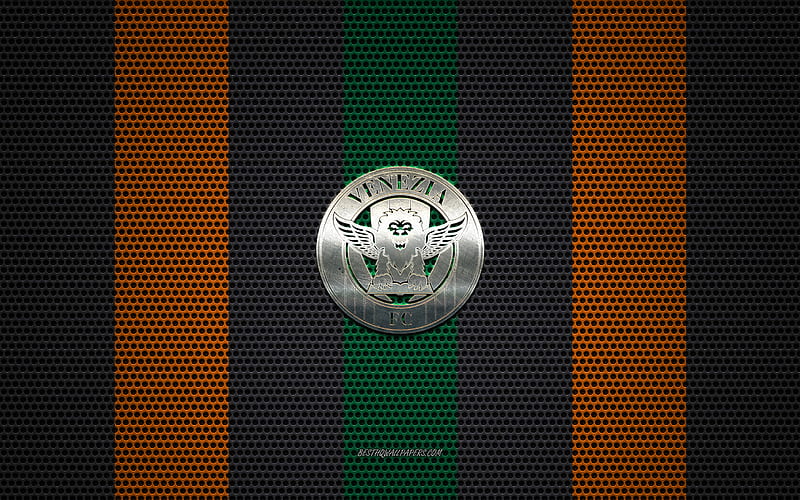 Venezia FC logo, Italian football club, metal emblem, black and orange metal mesh background, Venezia FC, Serie B, Venice, Italy, football, HD wallpaper
