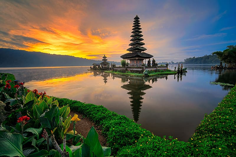 Nature, Water, Sunset, Bali, Temple, Indonesia, Temples, Religious, Pura Ulun Danu Bratan, HD wallpaper