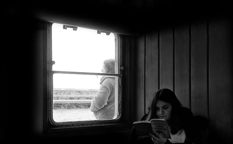 grayscale of woman in white jacket holding smartphone, HD wallpaper