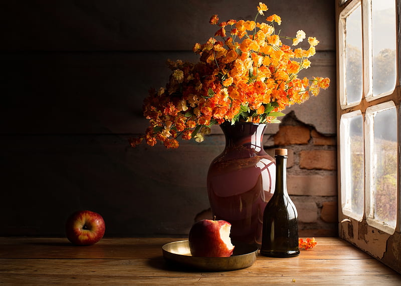 Still life, Flowers, Vase, Window, Apple, Table, Bottle, HD wallpaper