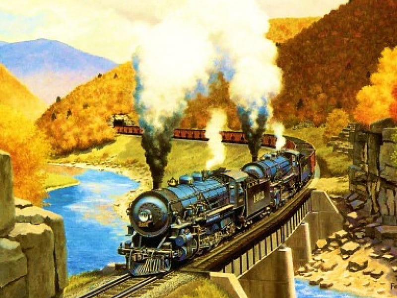 Vintage Train, locomotives, railway, bridge, painting, steam, HD wallpaper