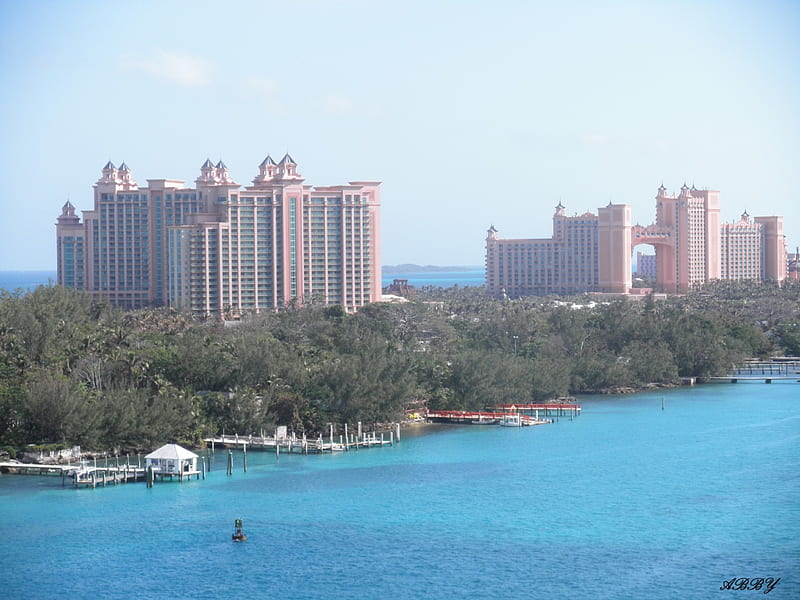 The Atlantis, graphy, Beaches, Hotels, green, trees, pink, blue, HD wallpaper