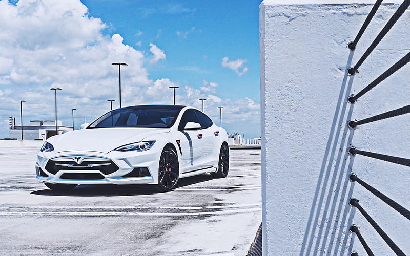 Tesla Model S tuning, 2019 cars, electric cars, white Model S, american cars, Tesla, HD wallpaper