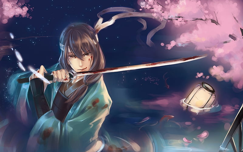 Katsura Kotaro, male, shounen, lantern, cherry blossoms, blood, gintama, water, anime, katana, sword, historical, HD wallpaper