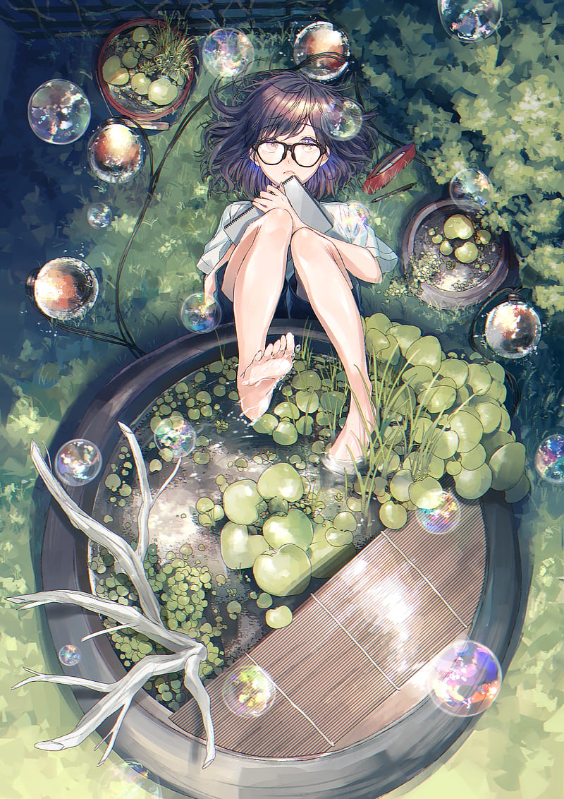 Anime, anime girls, glasses, plants, legs, barefoot, top view, Sinomi, HD  phone wallpaper | Peakpx