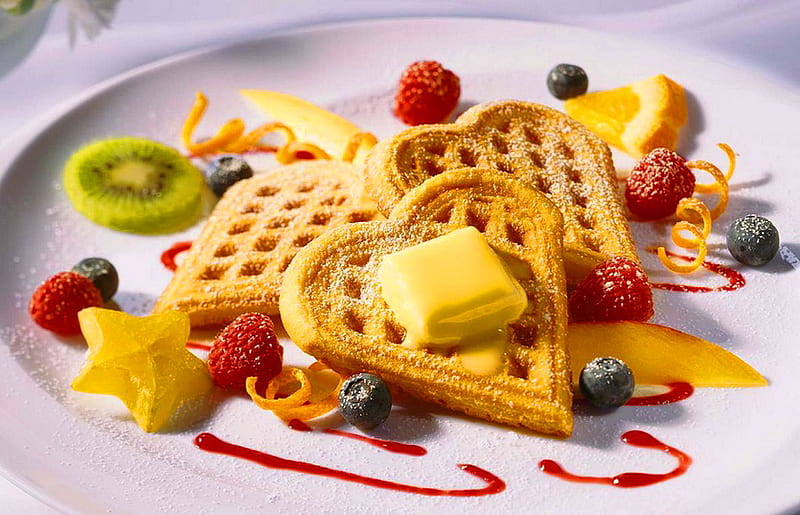 Love of waffles, fruit, butter, strawberries, breakfast, waffles, HD wallpaper
