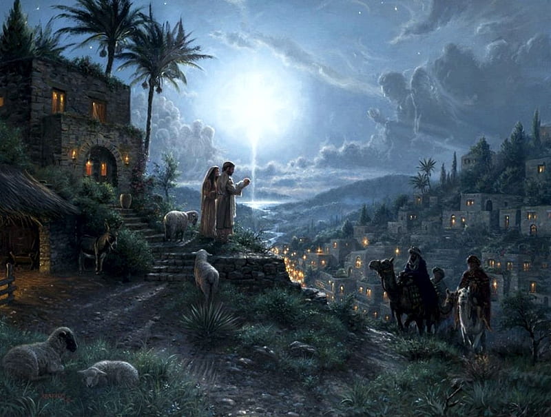 And the Wise Men Came..., bethlehem, house, christmas, painting, kings, artwork, light, landscape, HD wallpaper