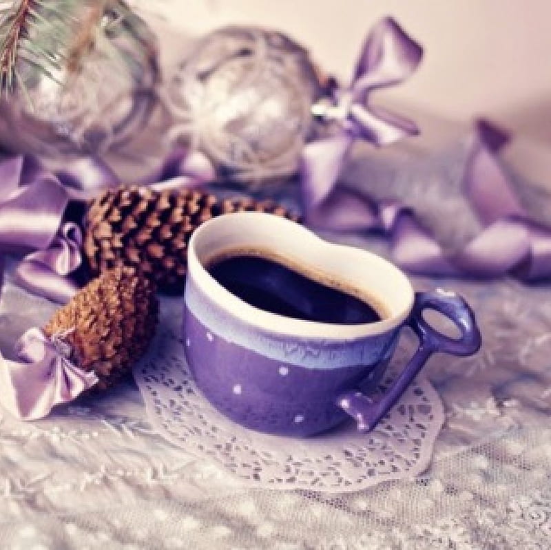 :), cup coffee, purple atmosphere, ribbons, decor, key, purple color, balls, moss, pinecones, HD wallpaper