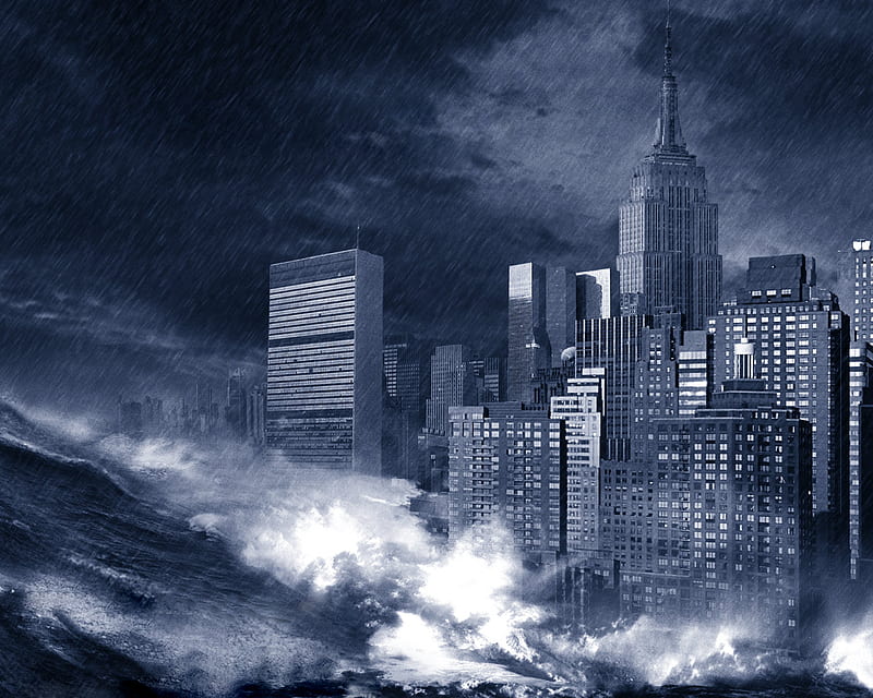 storm, city, archictecture, ocean, nature, rain, sky, wave, HD wallpaper