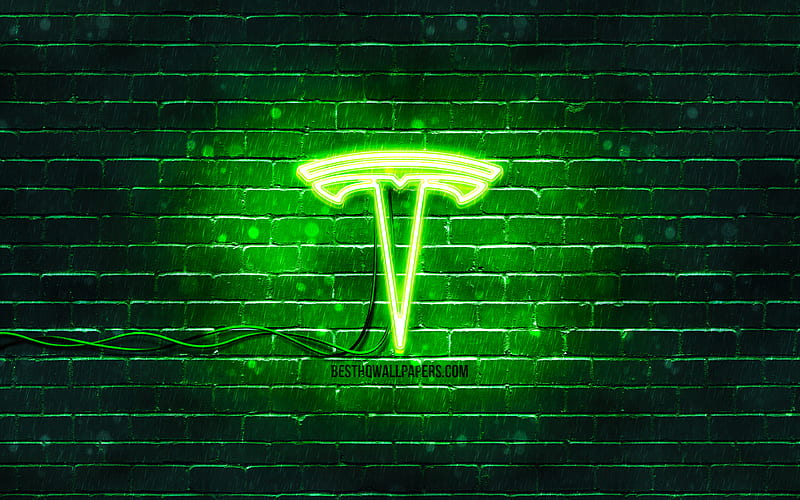 Tesla green logo green brickwall, Tesla logo, cars brands, Tesla neon logo, Tesla, HD wallpaper