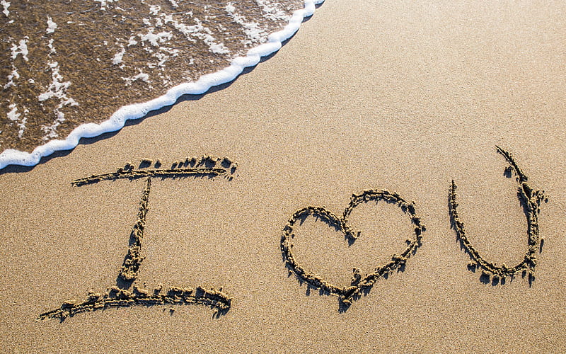 I love you, inscription in the sand, coast, wet sand texture, ocean, love concepts, HD wallpaper