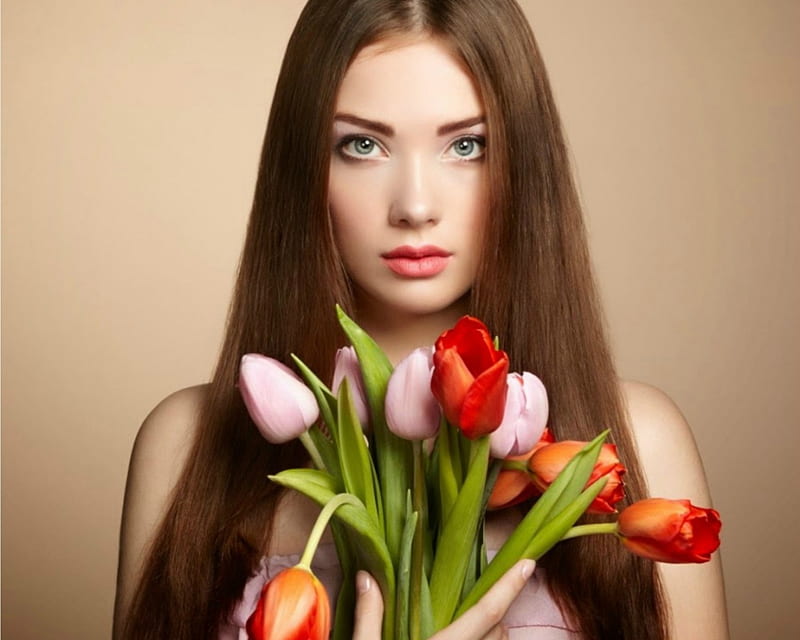 Beauty, red, model, orange, oleg gekman, spring, woman, girl, flower, pink, tulip, HD wallpaper