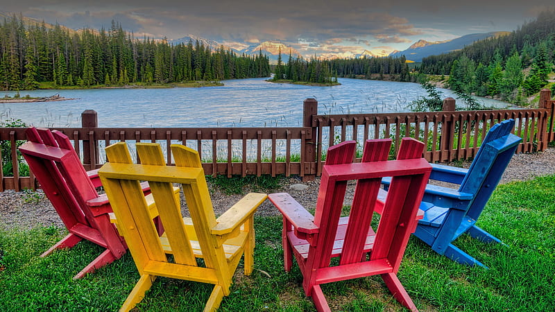Relax and Enjoy the View, relax, mountain, enjoy, view, Adirondack, chairs, bonito, river, HD wallpaper