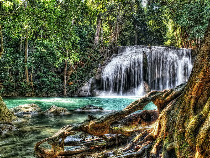Waterfall Erawan National Park Thailand, waterfall, national, park, thailand, erawan, HD wallpaper